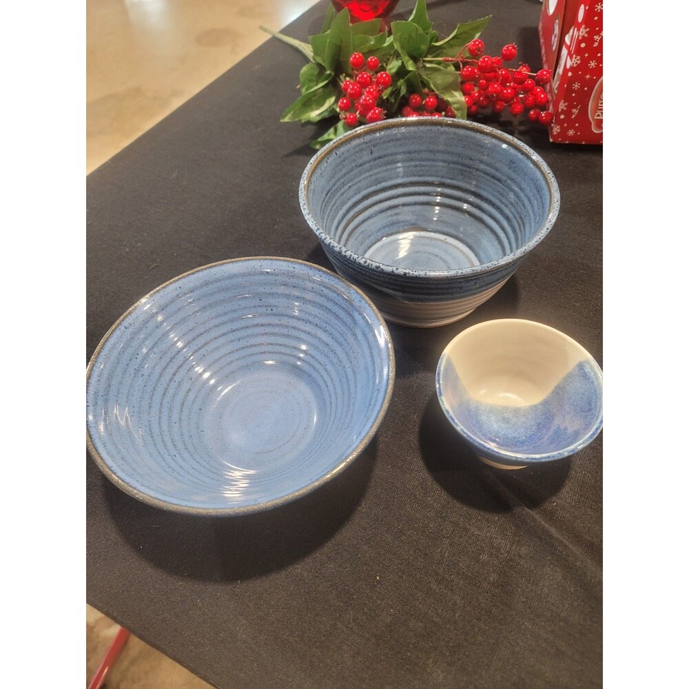 3 Studio Art Blue Pottery Bowls Signed Hand Thrown Stoneware Vintage